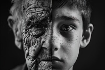Explore the profound passage of time through the eyes of youth and age in this captivating black and white portrait.