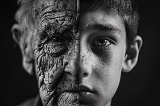 Explore the profound passage of time through the eyes of youth and age in this captivating black and white portrait.