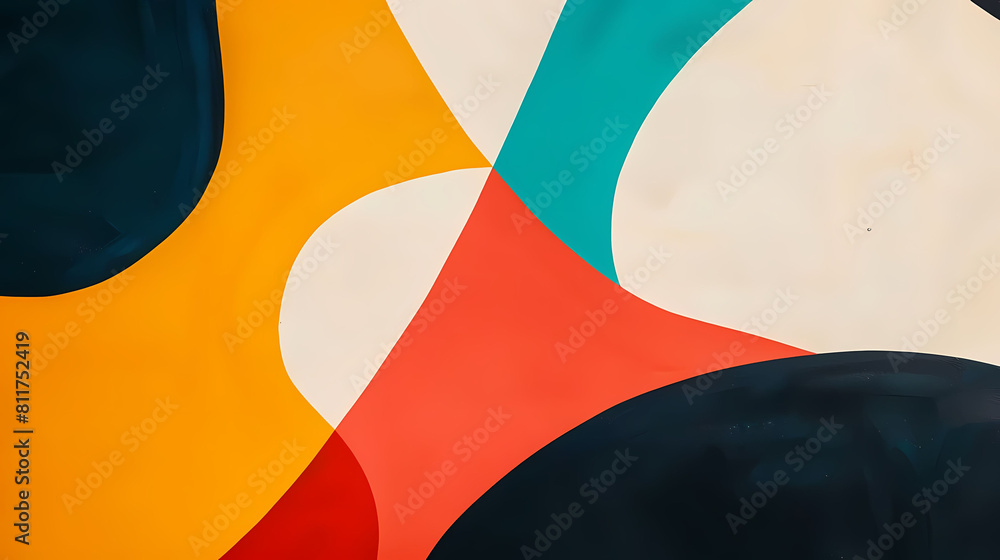 Poster clean and modern abstract composition with bold colors featuring a white circle, a red square, and a