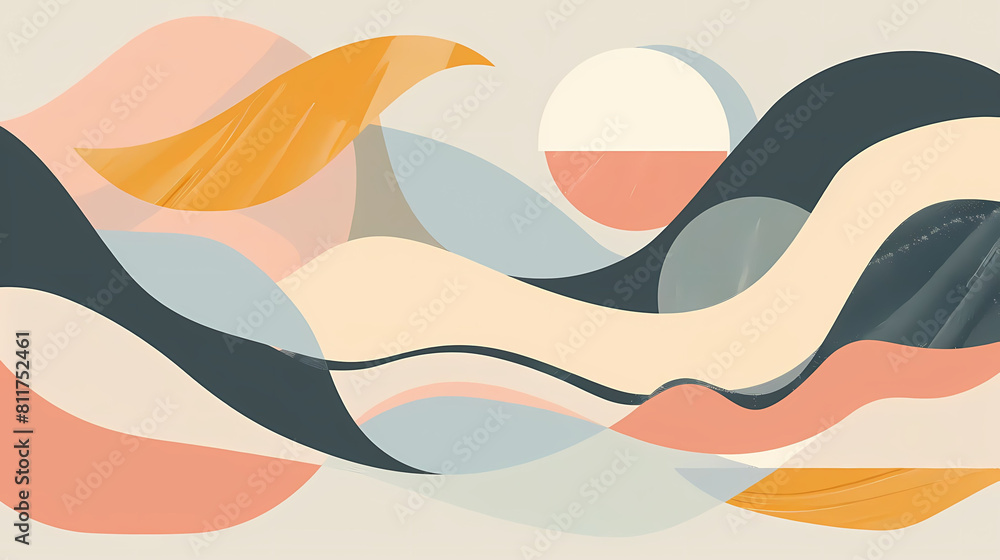 Poster clean and modern abstract composition with dynamic shapes and colors, featuring a white circle, a re