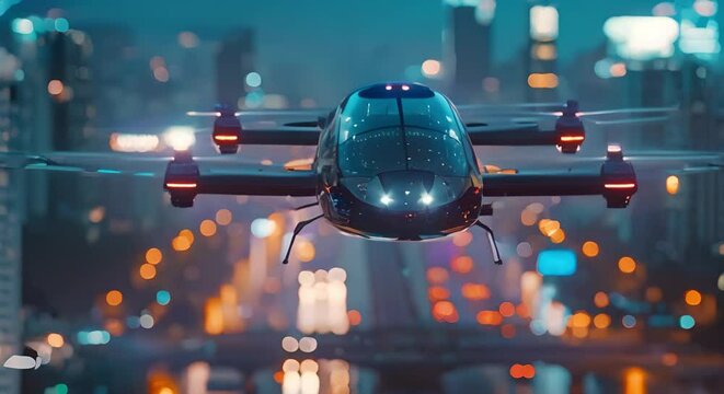 Future urban transportation driverless aerial vehicles for public mobility through cities at night. Concept Driverless Aerial Vehicles, Urban Transportation, Public Mobility, City Night Travel