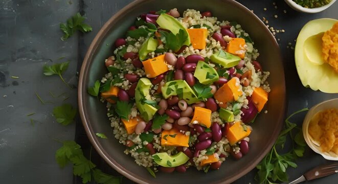 Nourishing Vegan Quinoa Salad with Avocado, Sweet Potato, Beans, and Herbs. Concept Quinoa Salad, Vegan Recipe, Avocado, Sweet Potato, Beans, Fresh Herbs