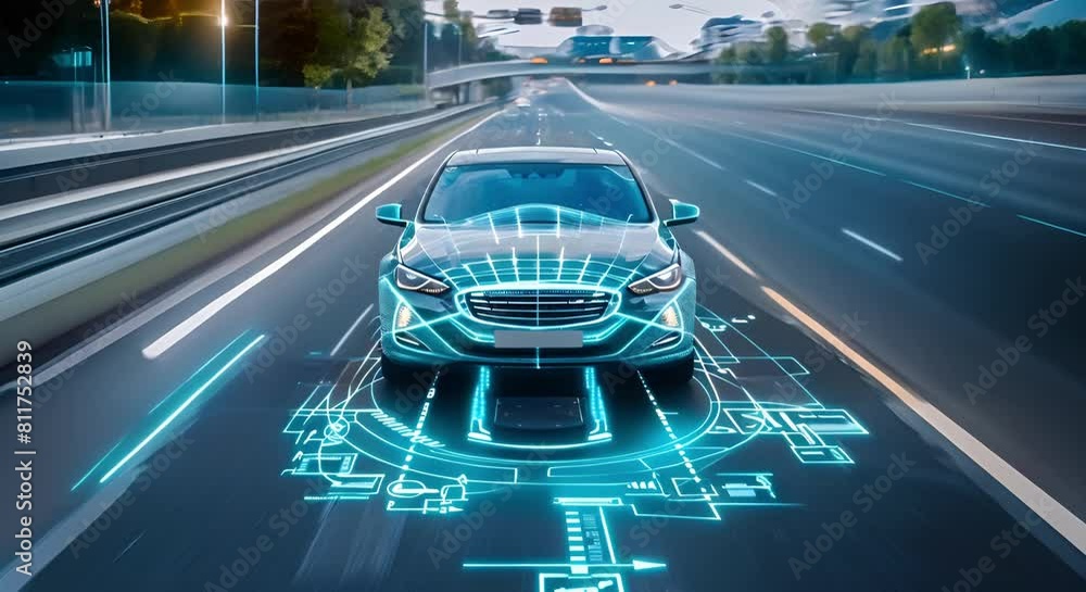 Poster future autonomous car sensor system ensures driverless safety with adaptive cruise control. concept 