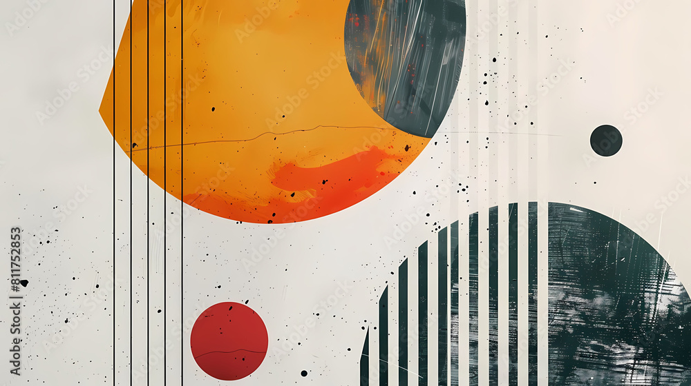 Poster clean and modern abstract composition with dynamic shapes and lines, featuring a white wall as the m
