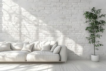 Modern scandinavian interior of living room with white couch on brick wall background