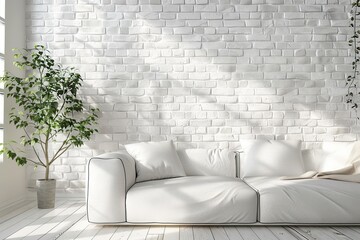 Modern scandinavian interior of living room with white couch on brick wall background