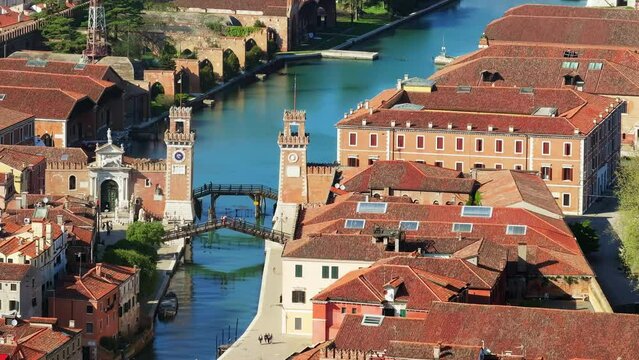 Venetian Arsenal seen from above in Venice City, Italy