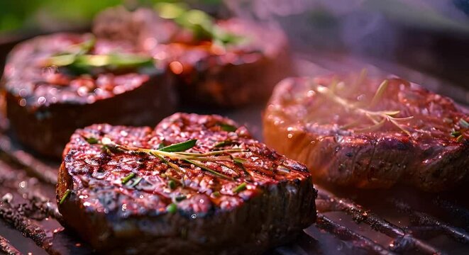Focus on grilled beef steaks on BBQ grill at outdoor party. Concept Grilled Beef Steaks, BBQ Grill, Outdoor Party, Food Photography, Summertime Gathering