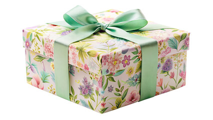 "Springtime Surprise": A pastel-colored gift box adorned with floral patterns and delicate ribbons, capturing the essence of springtime joy against a clean white background.