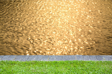 abstract gold colour water sunlight background with grass ground.