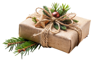 "Rustic Elegance": A charming gift box wrapped in natural materials like burlap or twine, accented with rustic ornaments such as pine cones or wooden embellishments, exuding rustic elegance