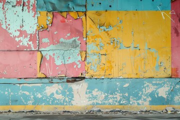 A wall with a colorful, peeling paint job