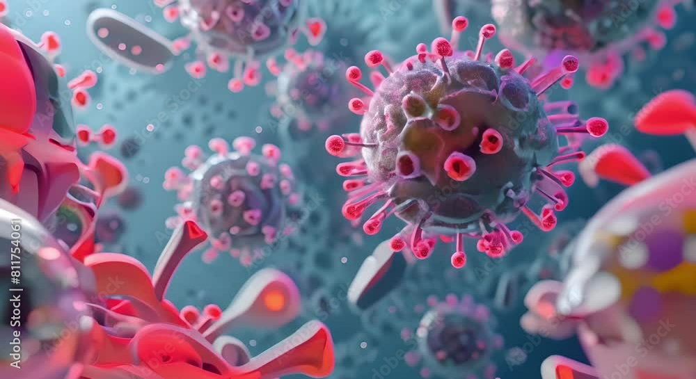 Poster d visualization of microscopic virus and bacteria cells. concept microorganisms, cellular structures