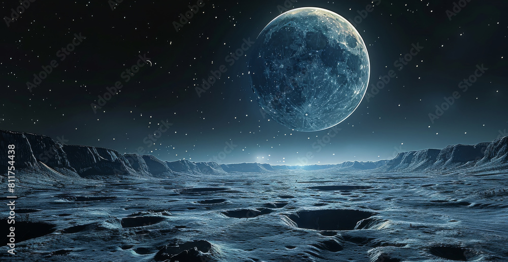 Poster a dark night sky with the moon and earth shadow in view. generative ai.