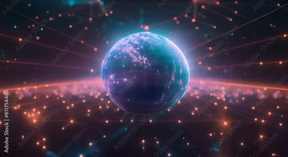 Poster 3d rendering of a globe surrounded by neon grid lines and nodes. concept 3d rendering, globe, neon g