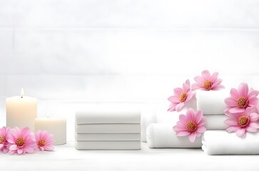  Spa background towel bathroom white luxury concept massage candle bath. Bathroom white wellness spa background towel relax aromatherapy flower accessory Zen therapy aroma beauty setting table salt oi