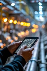 A man controls a robot from a tablet. Selective focus.