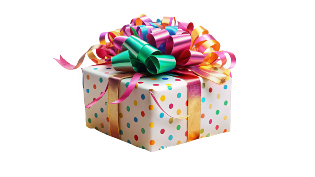 "Celebration Confetti": A festive gift box adorned with colorful confetti, streamers, and party decorations, capturing the excitement and energy of a celebration against a clean white background.