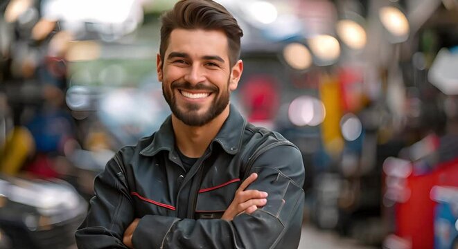 Portrait of a young male mechanic smiling with arms crossed in an auto repair service garage. Concept Outdoor Photoshoot, Joyful Portraits, Professional Look, Automotive Theme, Sleeveless Shirt