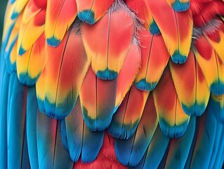 Obraz premium Vibrant Feathers of a Parrot Perched in Close up Captivating Texture and Pattern for Influencer Style Visuals