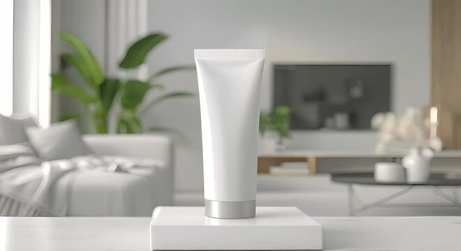 Mockup of white cosmetic tube against a living room backdrop. Concept Product Photography, Cosmetic Packaging, Living Room Background, White Tube Mockup