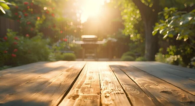Empty wooden table in backyard with BBQ grill in background. Concept Backyard Setting, BBQ Grill, Wooden Table, Outdoor Entertaining, Summer Cookout,