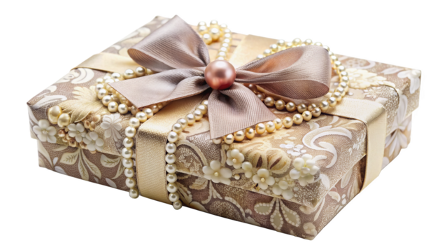 "Vintage Glamour": A retro-inspired gift box with classic patterns, elegant bows, and vintage-style embellishments like lace or pearls, evoking old-world charm and glamour against a clean white backgr