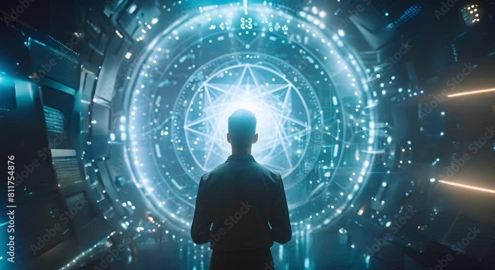Aufkleber individual analyzing advanced technology in front of large quantum computer. concept advanced techno