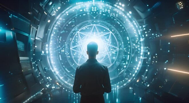 Individual analyzing advanced technology in front of large quantum computer. Concept Advanced Technology, Quantum Computing, Individual Analysis, Futuristic Environment, Innovation