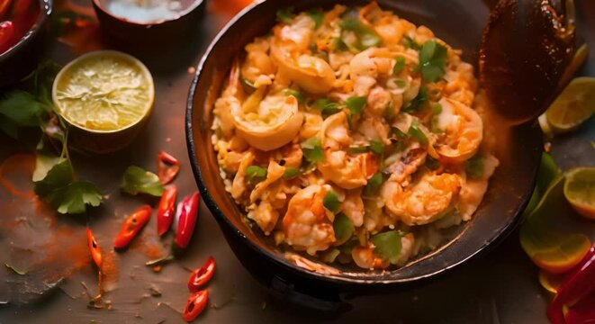 Top view of spicy Asianstyle seafood meal with vegetarian options available. Concept Asian Cuisine, Seafood Delight, Vegetarian Options, Spicy Flavors, Top View Shot