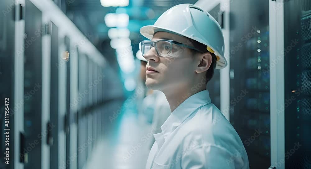 Poster an image of a young engineer in a data center server room. concept technology, data center, engineer
