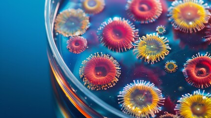 Macro view of vibrant sea anemone-like structures in a petri dish, illustrating detailed biological patterns for scientific and educational use.