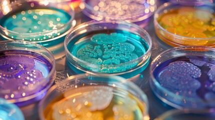 Colorful petri dishes with bacterial cultures illuminated under soft lighting, showcasing detailed microbial patterns for scientific and medical research.