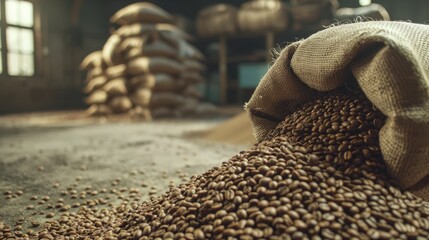 Close-up view of roasted coffee beans spilling from a burlap sack in a rustic warehouse setting, with blurred sacks in the background.