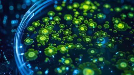 Close-up of vibrant yellow and green microbial colonies in a petri dish, illuminated with a blue glow, showcasing scientific research in microbiology.