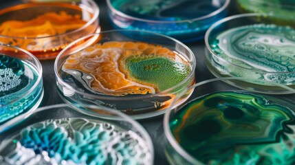 Vibrant petri dish art showcasing swirling patterns in a palette of orange, green, and blue, representing a scientific experiment or artistic creation.