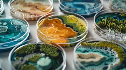 A collection of colorful petri dish art, displaying intricate patterns and textures in various shades of blue, green, and yellow, arranged neatly on a surface.