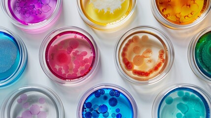 A colorful array of petri dishes viewed from above, showcasing various microbial cultures in shades of blue, pink, red, and green.