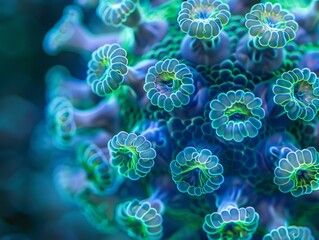 Detailed visualization of coral-like structures in vibrant green and blue, symbolizing marine biology and coral reef conservation.