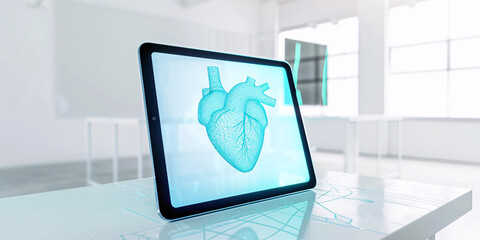 Tablet pc with human heart drawing on screen. Medicine and healthcare concept