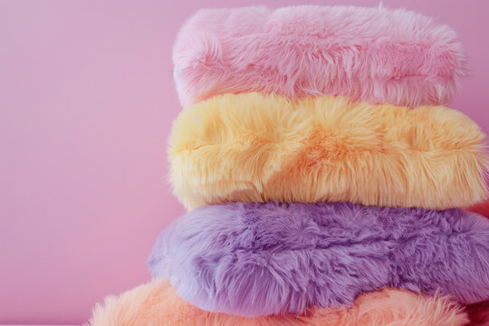 soft pastel plush cushions piled up against a pink background
