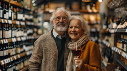 Obraz premium Affluent senior couple celebrating in wine store. Generative AI.