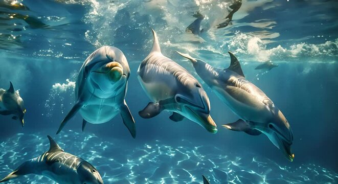 Pod of Delphinus delphis dolphins swimming in blue water for repeating pattern. Concept Delphinus delphis, dolphins, blue water, repeating pattern