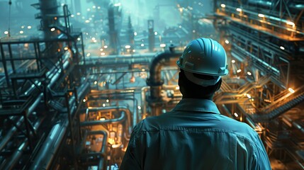 An engineer looking out over an oil refinery at night. gas production plant Gas transport, gas transportation or petroleum, petrochemical, crude oil, natural gas factories
