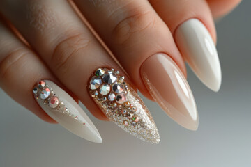 glamorous white and rose gold glitter almond nails with crystal accents