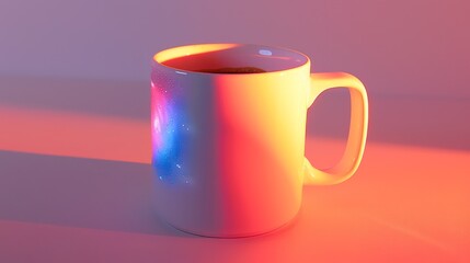 Vibrant cosmic coffee mug on a pink background, suitable for modern and creative advertising.
