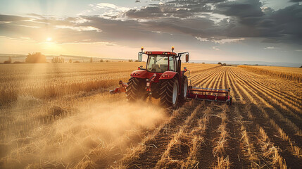 Obraz premium A tractor working with straw reaper in the dry field. Generative AI.