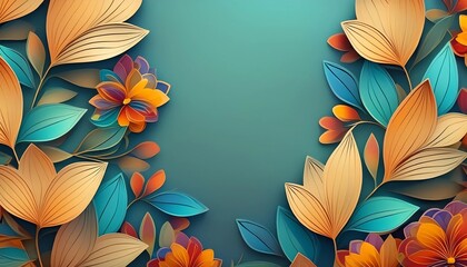 coloful floral pattern flowers leaves abstract green background with blank space