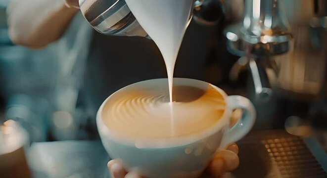 Barista uses modern technology to create latte art with milk. Concept Barista, Latte Art, Modern Technology, Milk, Creativity