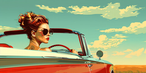 Retro vintage posters of woman driving classic car. Vintage fashion and automotive concept for design and poster